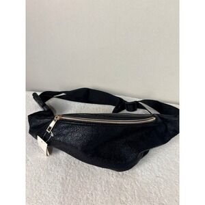 Black Faux Leather Fanny Pack‎ Belt Bag Gold Zipper Adjustable Strap